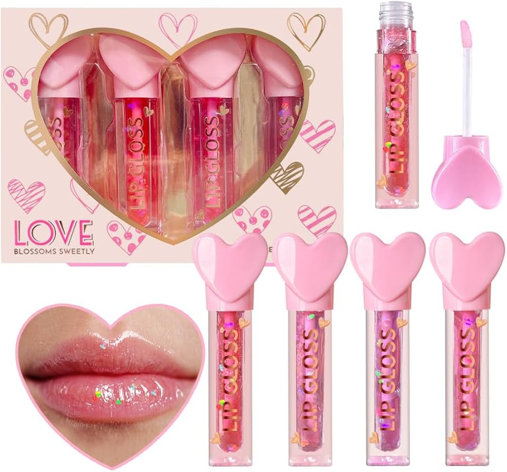 4pc Heart Charm Lip Gloss Stick for Girls - Glossy Fruity Lip Set | Non Toxic Party Favors, Teen ... | Amazon (US)