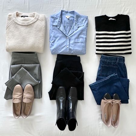 Smart Casual mix and match ✔️ Which pieces do you have on your closet?

Ivory fisherman sweater, Blue button-down shirt, Black striped sweater, Gray pants, Black pants, Dark wash trouser jeans, Beige loafers, Black boots, Cap toe ballet flats