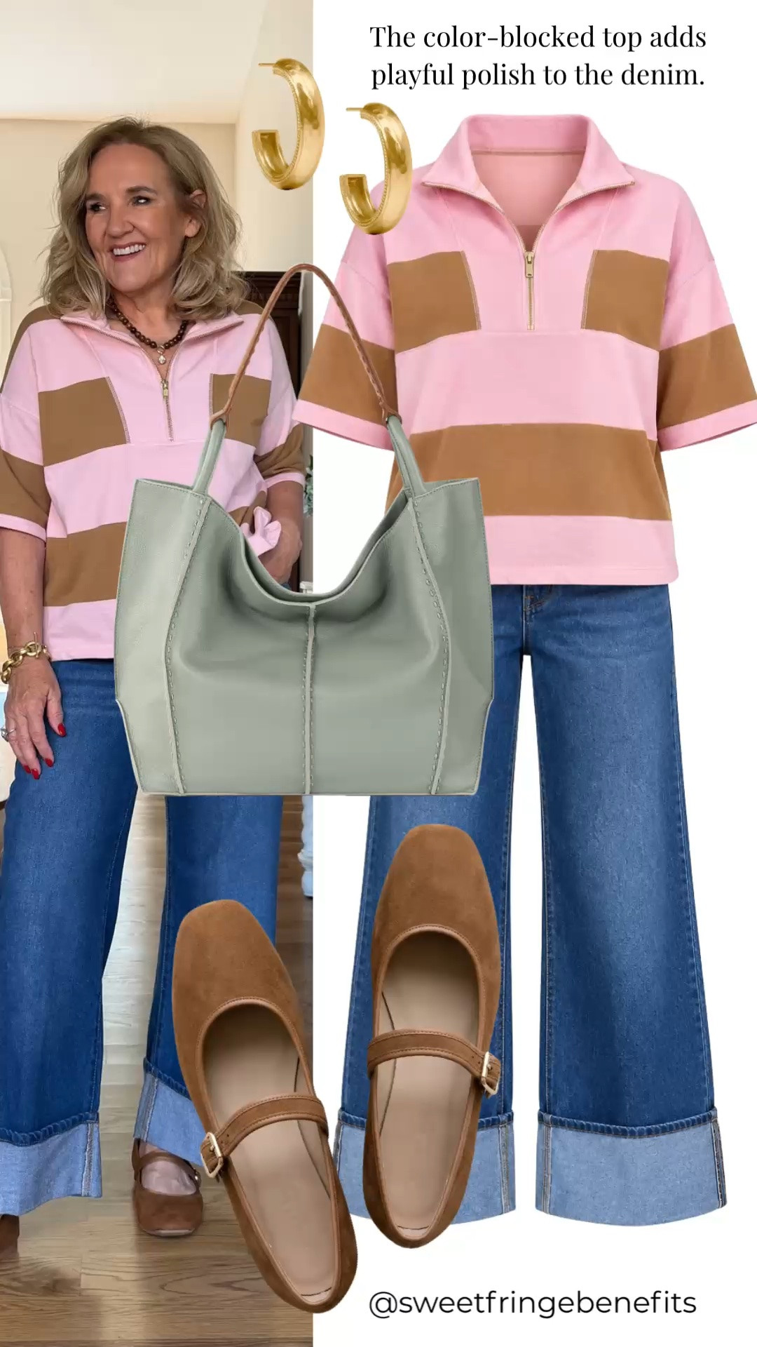 I have to say, I’m having a little fun with the pink and brown together. I’m wearing a medium in the top and a size 8 in the jeans, and those wide-leg cuffs make the whole outfit feel a little playful.

#LTKootd #LTKPetite #LTKOver40