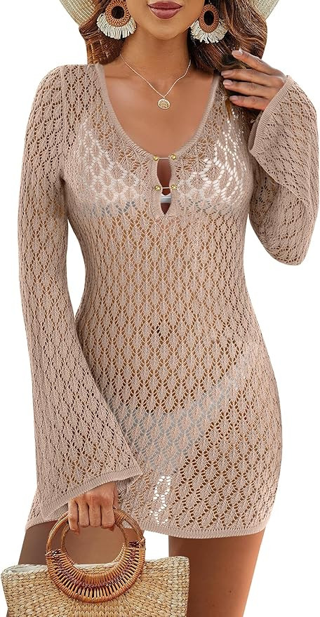 ANRABESS Womens Swimsuit Crochet Swim Cover Up Summer Bathing Suit Swimwear V Neck Knit Beach Dre... | Amazon (US)