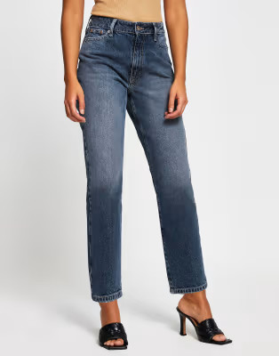 River Island Blair high rise straight cut jeans in blue black | ASOS (Global)