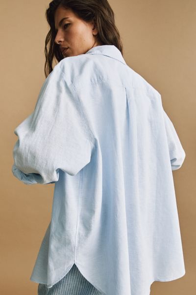 Linen-blend shirt - Long sleeve - Regular length - Light blue - Ladies | H&M GB | H&M (UK, MY, IN, SG, PH, TW, HK)