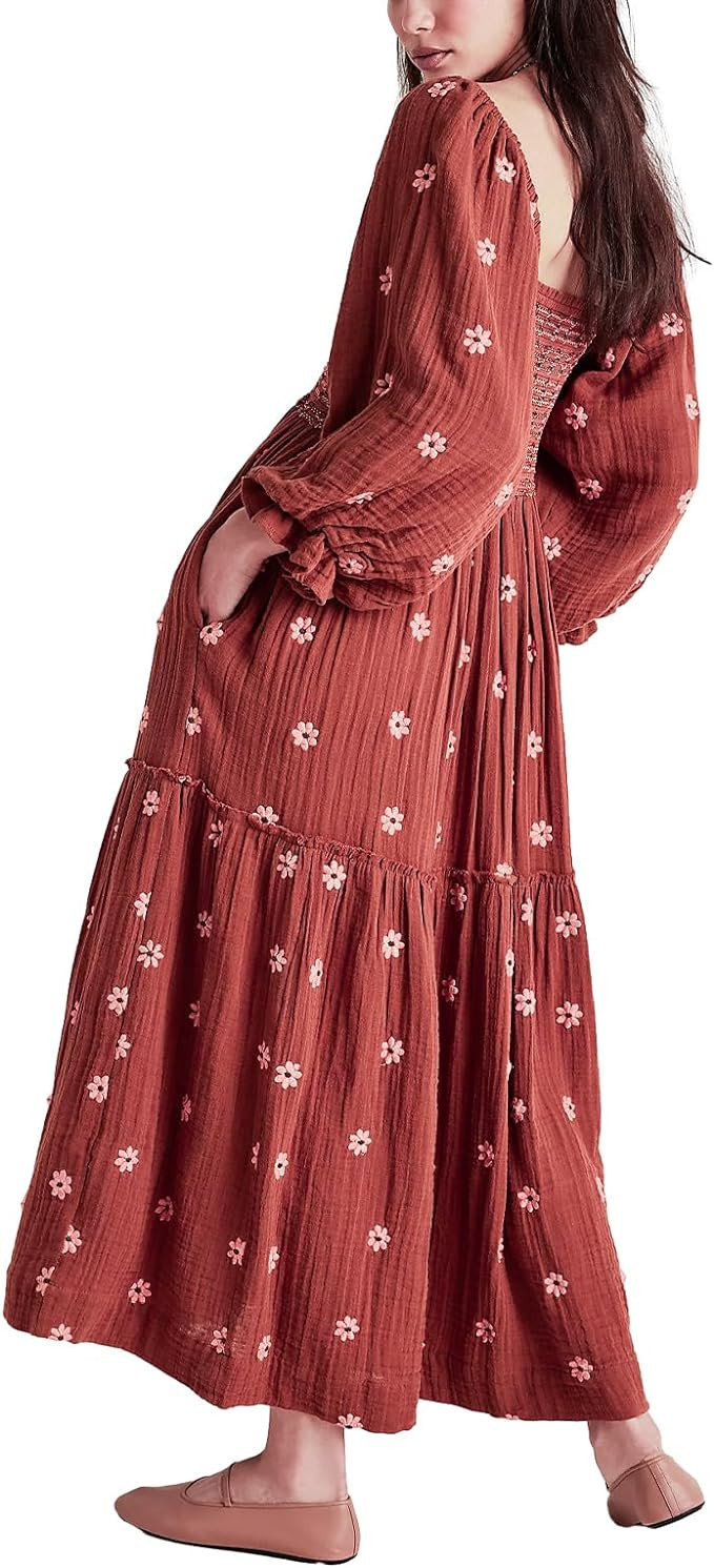 Chloefairy Women's Flower Embroidered Maxi Dress Lantern Sleeve Square Neck Tiered Flowy Spring F... | Amazon (US)