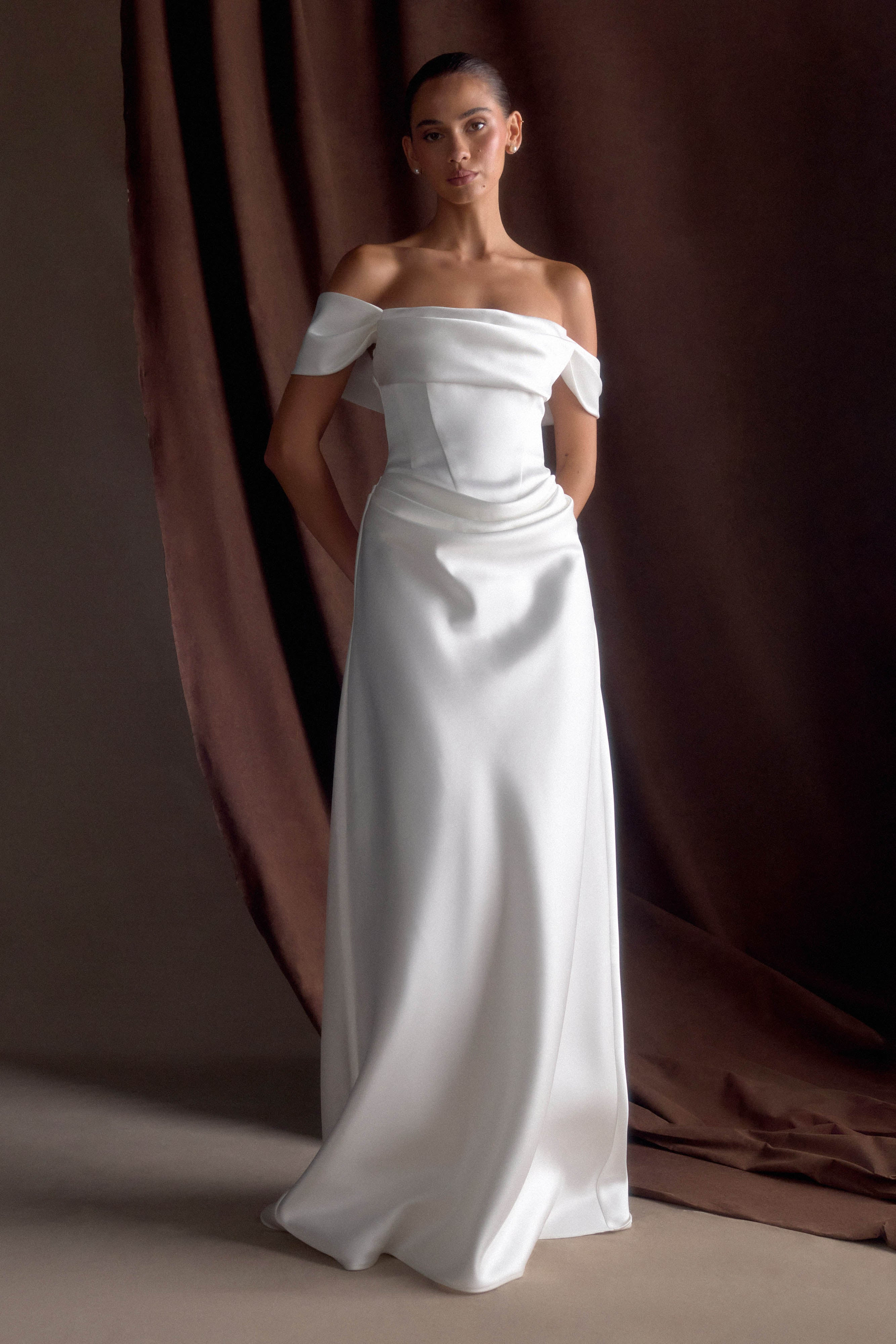 Luna Satin Off Shoulder Gown - White | MESHKI US