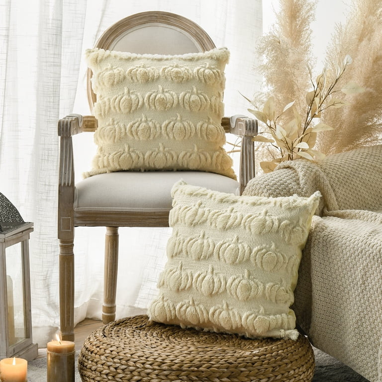 Sm:)e Fall Pumpkin Plush Faux Fur Jacquard Throw Pillow Cover 18x18 Inch Beige, Set of 2 Silky So... | Walmart (US)