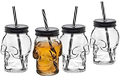 Skull Mason Jar Mug Glass Tumbler Cup with Cover and Straw - 16oz, Set of 4 | Amazon (US)