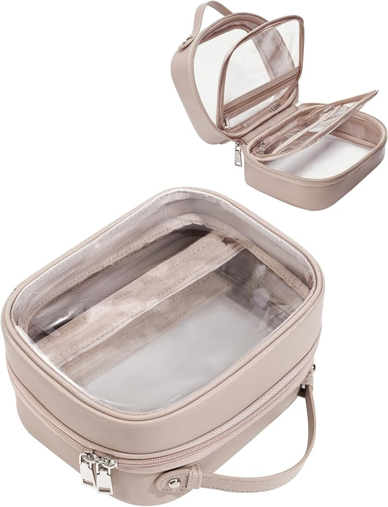 Clear Cosmetic Bag Double Layer 4 Compartments Travel Toiletry Bag Clear Makeup Bag Case with Zip... | Amazon (US)