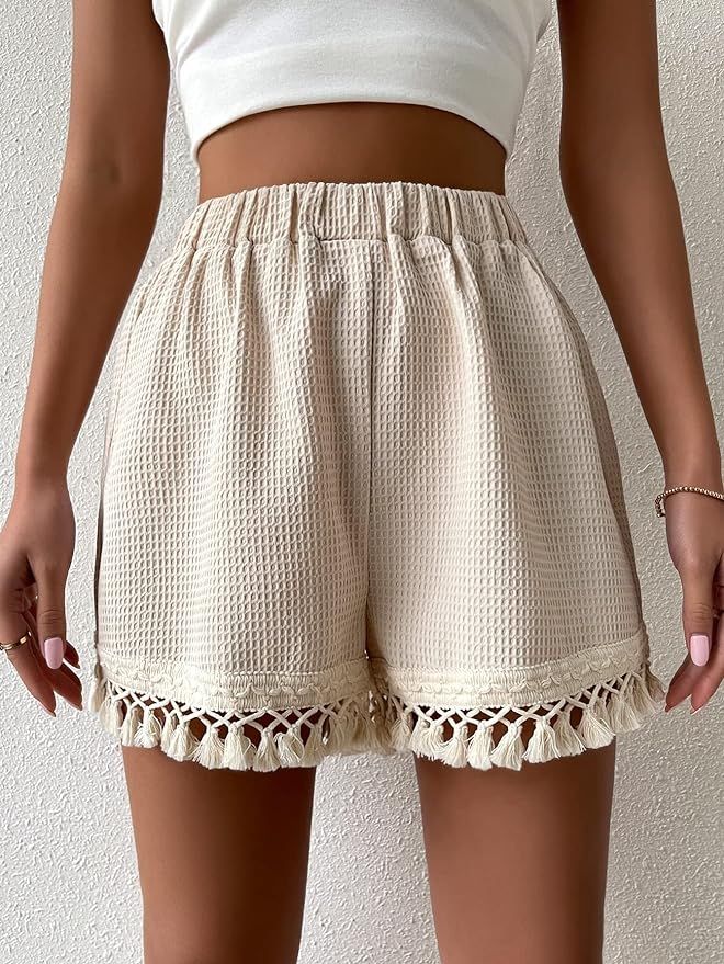 Shorts for Womens Fringe Trim High Waist Shorts Shorts for Women (Color : Beige, Size : Small) | Amazon (US)