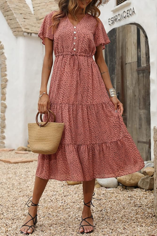 PRETTYGARDEN Women's Floral Boho Dress Casual Short Sleeve V Neck Ruffle Tiered 2023 Summer Swing... | Amazon (US)