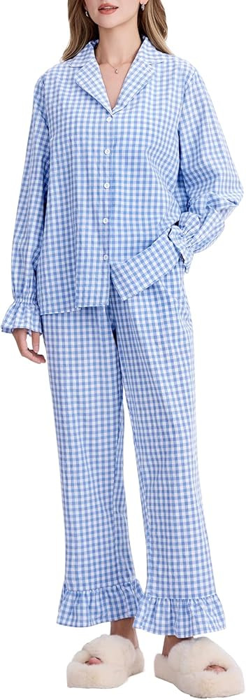 Kissonic Women Gingham Pajama Sets Cotton Long Sleeve Button Down Shirt and Pants Y2K Pjs Lounge ... | Amazon (US)