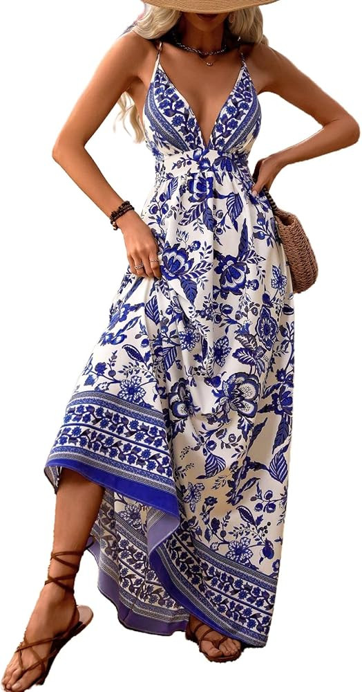 MakeMeChic Women's Boho Maxi Dress Summer Luau Outfits Beach Wedding Guest Backless Sundress Flow... | Amazon (US)