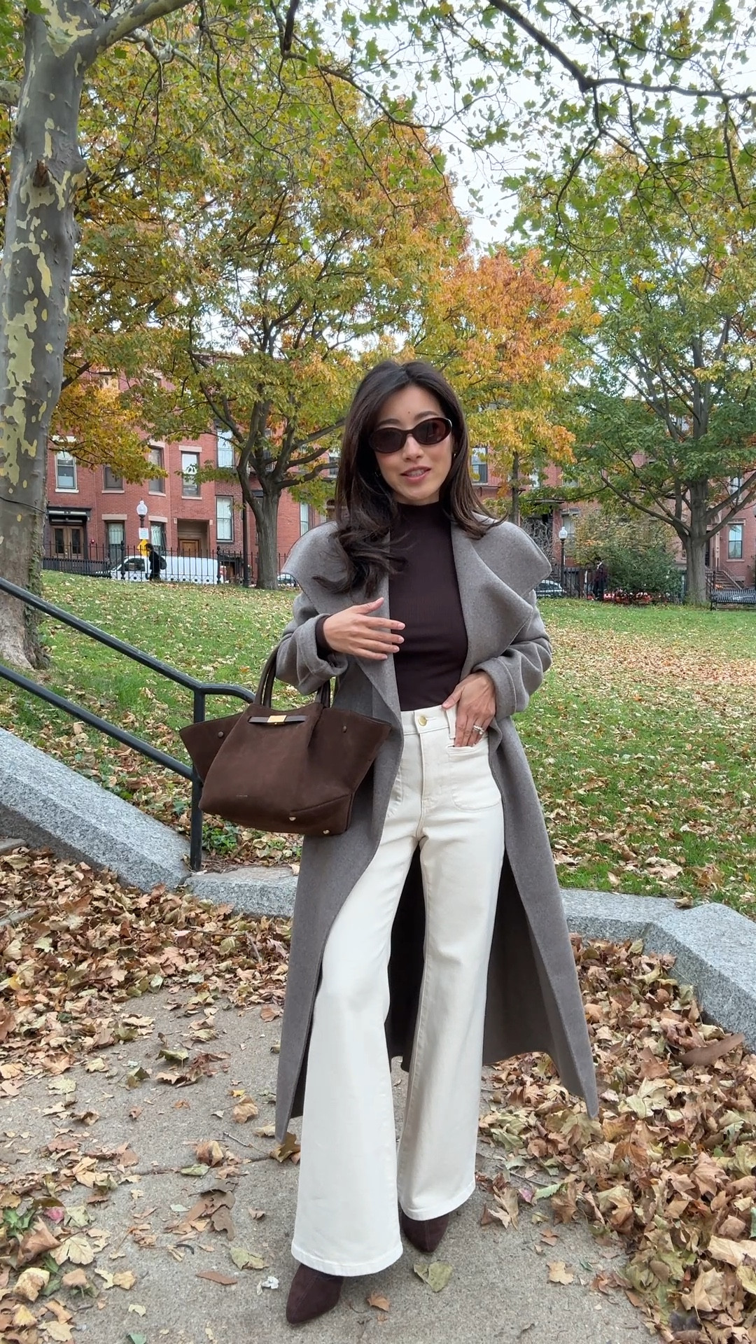 Elegant fall outfit. The coats linked under similar are thicker and lined, in comparison  

• Aritzia portfolio wool wrap jacket  XXS 
FYI This is unlined and mid weight which is what gives it the drape. past midi length on me (5 ft tall). Love it for fall weather.

- On sale: J.Crew vintage flare jeans size 24 Petite, a little loose at my waist

- old Madewell ribbed mock neck top. In the similar aritzia one linked I got size XS, since i size up in the homestretch fitted tops

- old the drop ankle boots

- madewell oval sunglasses

- demellier suede bag

smart casual office wear, corporate girl style, Boston workwear outfit for fall, elegant elevated looks, thanksgiving  

#ltkpetite #ltkworkwear #ltkstyletip