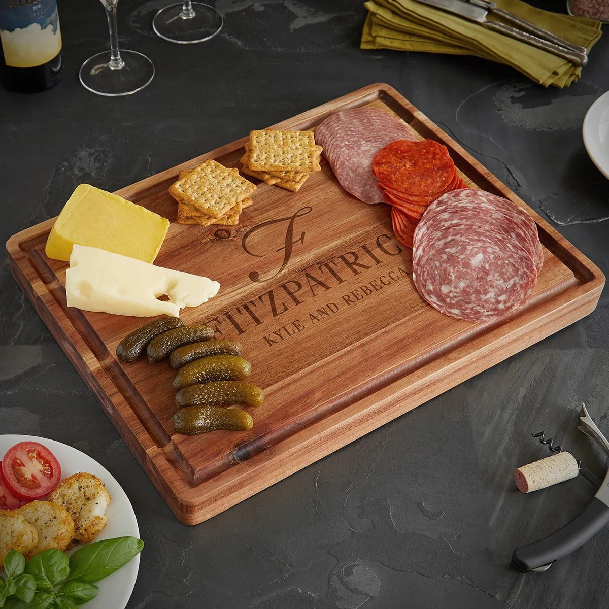 Personalized 17x13x1.5 Acacia Charcuterie Board + Cutting Board w Juice Groove | HomeWetBar.com