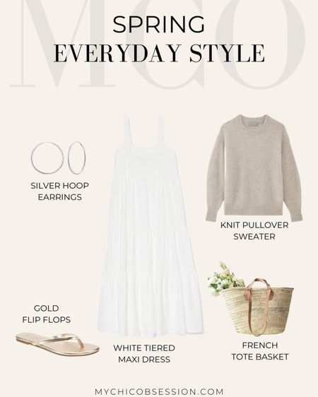 This look is perfect as a spring outfit for the farmer’s market. Start with a white tiered maxi dress, worn under a knit pullover sweater. Accessorize with a basket tote, gold flip flops, and silver hoop earrings. 

#LTKSeasonal #LTKstyletip