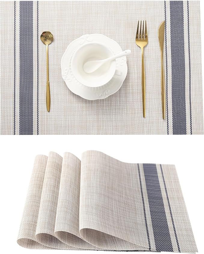 Khaki-Blue Placemats, Heat Resistant Non-Slip Place mats for Dining Table, Washable Durable PVC V... | Amazon (US)