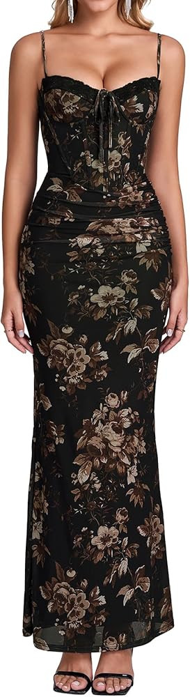 KUTUMAI Vintage Lace Corset Floral Maxi Long Dress Bodycon Ruched Tie Formal Wedding Guest Dresse... | Amazon (US)