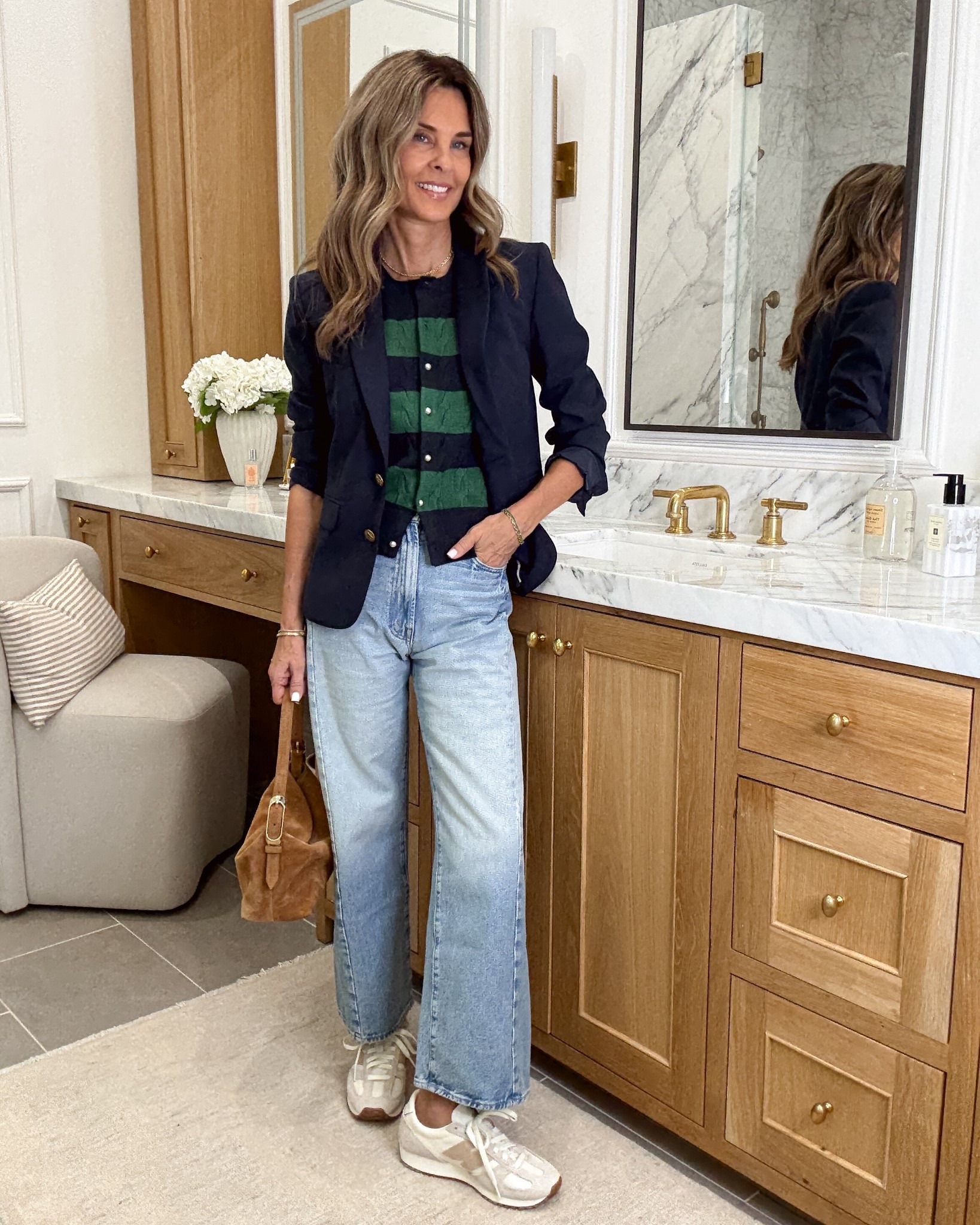 -Mother jeans  do not disappoint. People stop me to ask about them. I took my true size. I’m 5’6"
-cardigan is so cute with pearl buttons, very soft! 
-sneakers TTS 
-Blazer TTS Wearing a 2 

#LTKWorkwear #LTKootd #LTKOver40