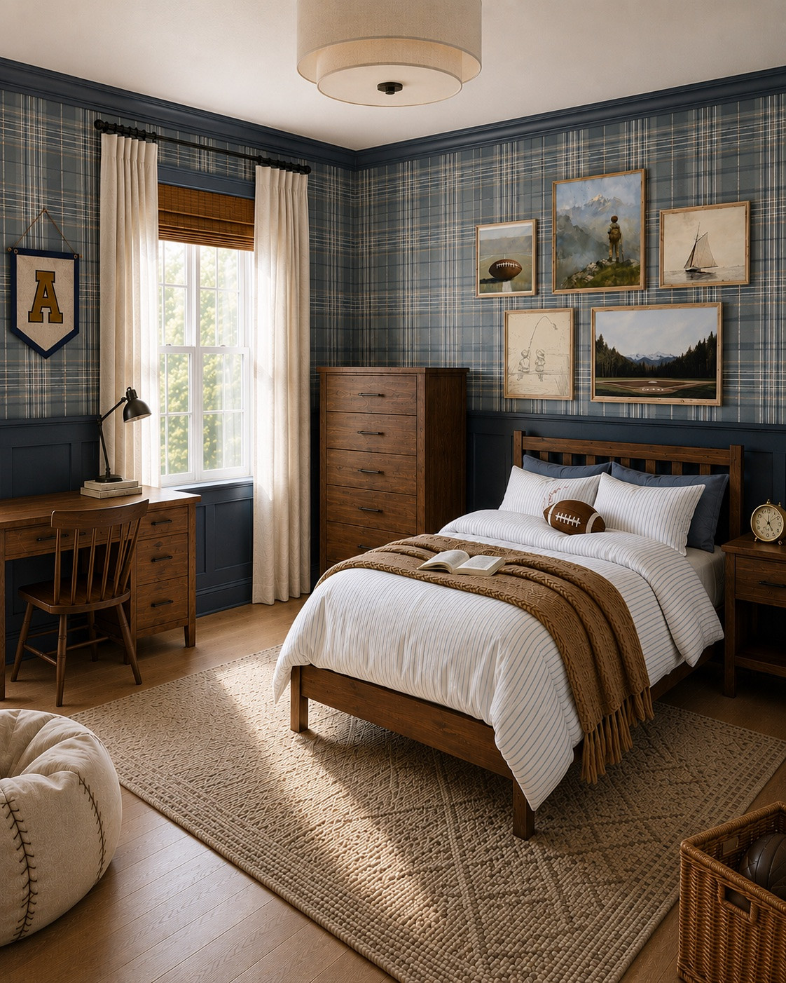 This boys’ room started with a pretty specific goal: make it feel like a kid’s room now, without designing something he’ll completely outgrow in a few years.

The blue plaid wallpaper gives the room plenty of personality, but pairing it with the deeper blue wainscoting, ceiling trim and floor trim makes the pattern feel more architectural and grounded. Then I brought in all of that warm wood through the bed, dresser and desk to keep the blues from feeling too cool.

For the decor, I went with things that feel distinctly him without turning the entire room into one big theme. Football details, the little pennant, mountain and baseball artwork all give you those boyhood references, but mixing them with landscapes and more vintage-inspired pieces keeps the room feeling collected rather than matchy.

And I think that’s what makes a kids’ room easier to grow with. The foundation can stay—the wallpaper, millwork, furniture and classic bedding—and the smaller pieces can change as his interests do.

This is a 3D rendering of one of my boys’ room designs to show how all of the pieces from my original design come together in a real space.

Exact and similar pieces from the design are linked below. 

🪴 And if you have a room you’re struggling to pull together, I offer virtual home design and styling services to help create a space thoughtfully tailored to your home, style and the way you actually live.

#LTKHome #LTKKids