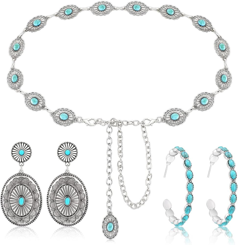 3 Pieces Western Belts for Women Turquoise Chain Belt Turquoise Concho Belts Metal Waist Belts Si... | Amazon (US)