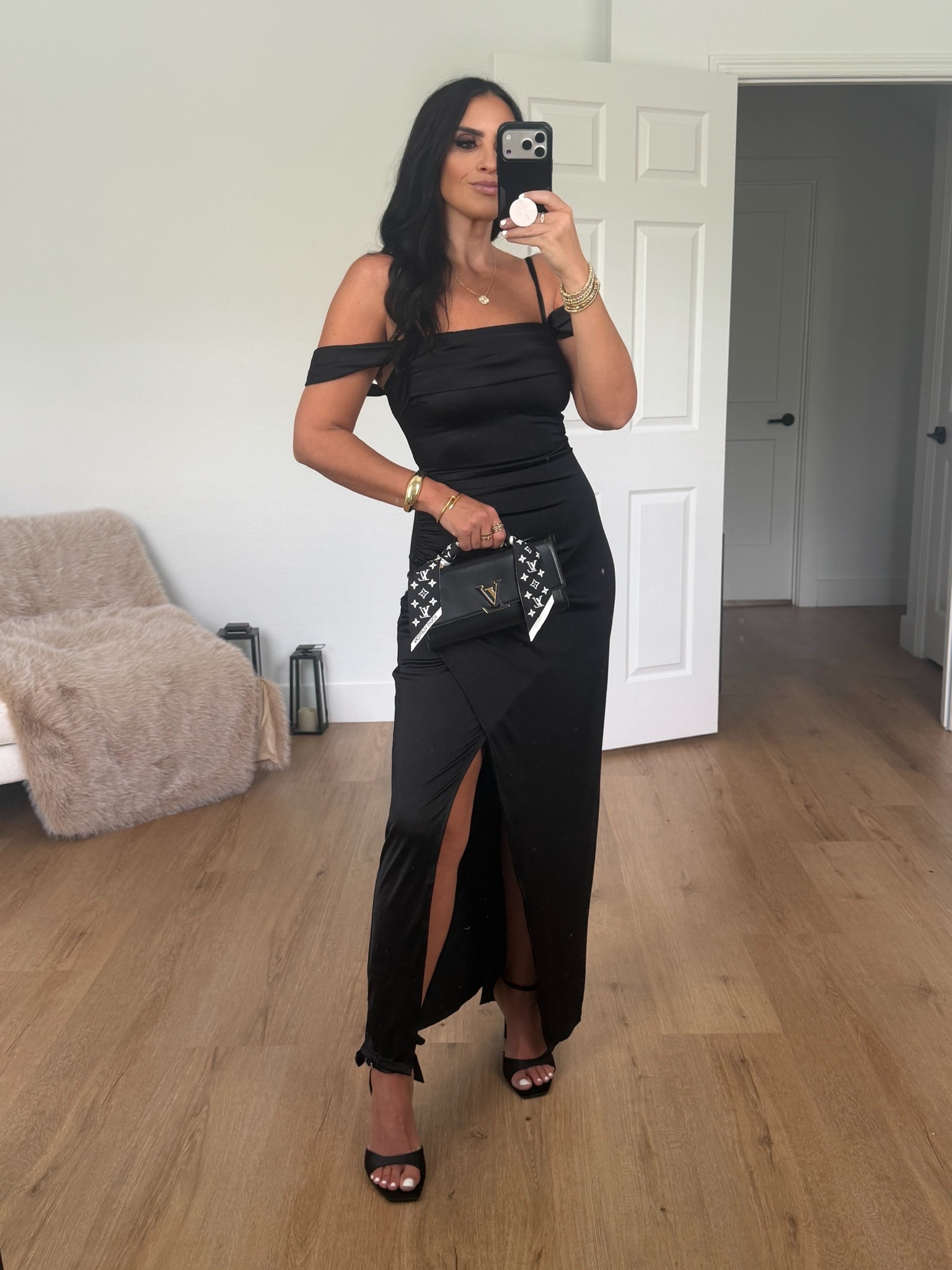 Liquid Metallic Fabric Off Shoulder Shine Ruched Sculpting Maxi Shapewear Dress wearing size small