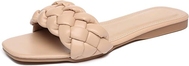 RAGEFIVE Womens Square Open Toe Flat Slides Sandals Cute Sandals for Women Dressy Summer Casual C... | Amazon (US)