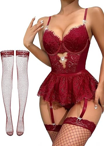 Lilosy Sexy Stocking Rhinestones Heart Garter Underwire Floral Mesh lace Sheer Babydoll Lingerie ... | Amazon (US)
