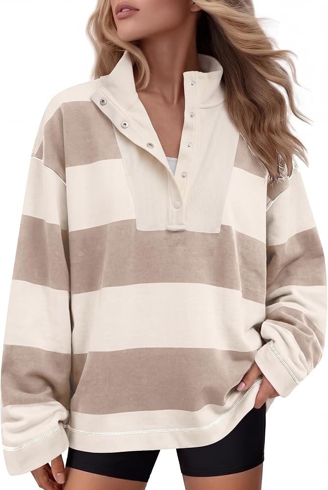 Gacaky Women's Oversized Striped Sweatshirts Snap Henley Neck Pullover Tops | Amazon (US)