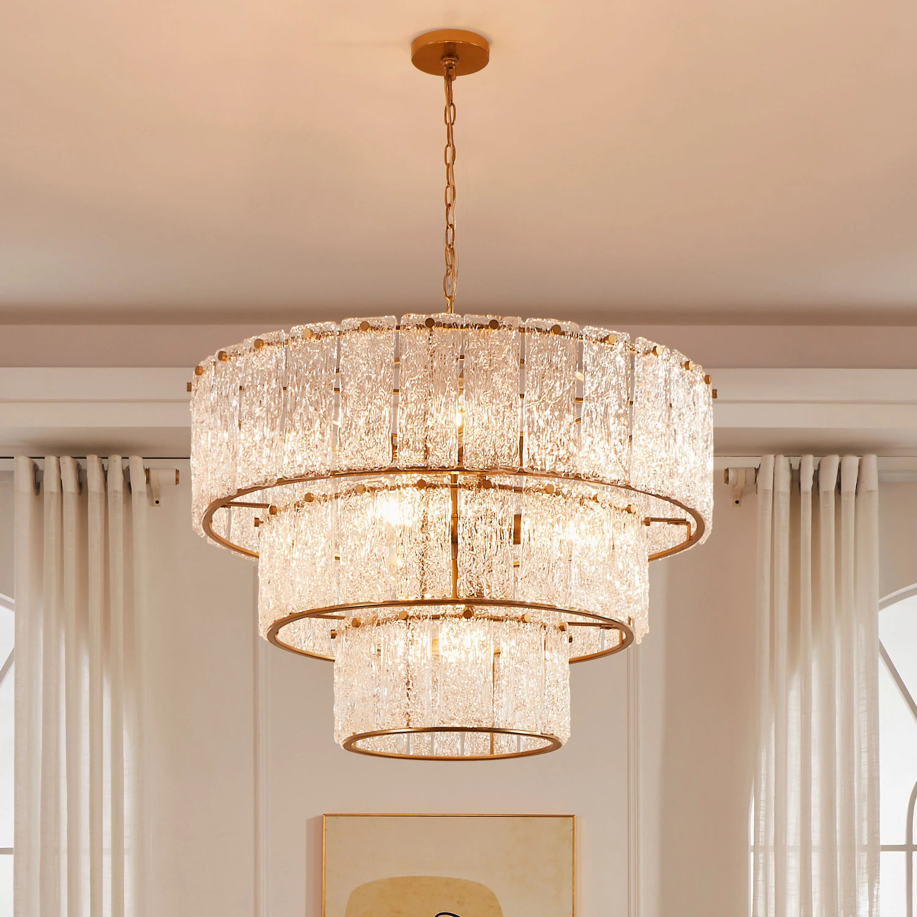 Harlune 8-Light Distressed Gold 3-Tiered Glass Chandelier | Wayfair North America