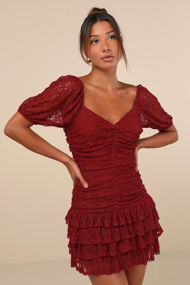 Darling Persuasion Burgundy Lace Puff Sleeve Tiered Mini Dress | Lulus