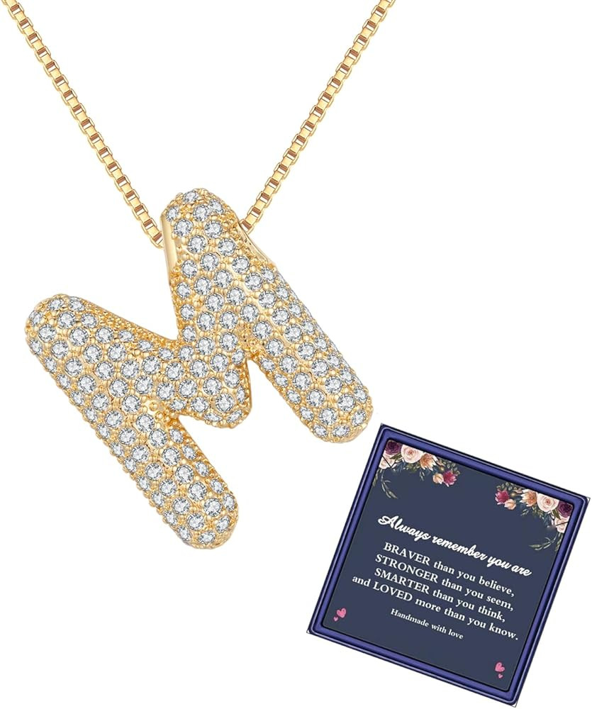 Bubble Letter Necklace Gold for Women，Charm Balloon Initial Letter Pendant Zirconia Inlaid Neck... | Amazon (US)