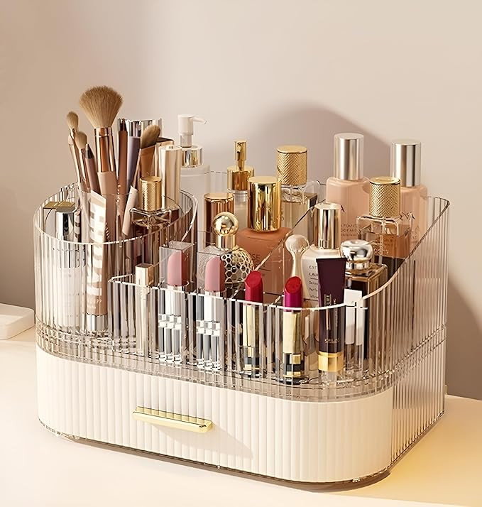 Makeup Organizer with Drawers and 360° Rotating Brush Holder, Large Capacity Cosmetic Storage fo... | Amazon (US)