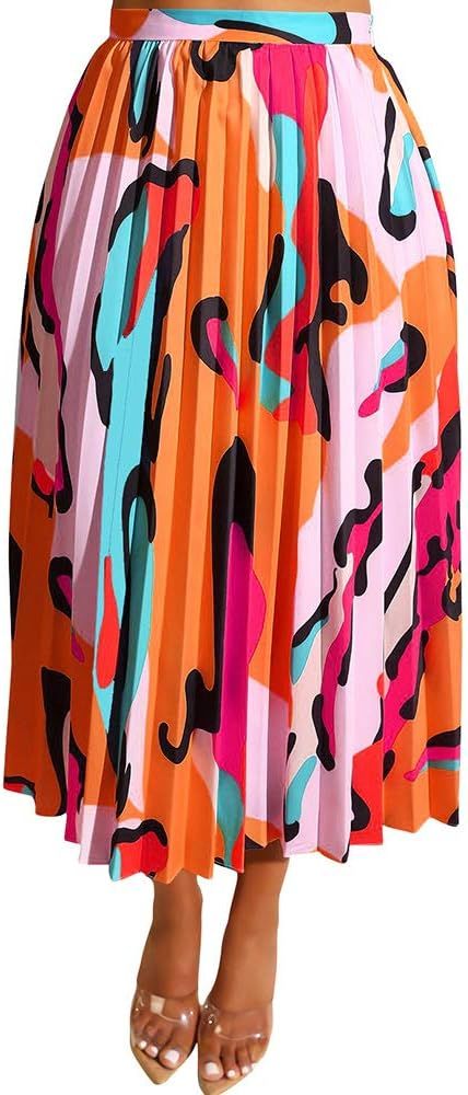 TOB Women's Sexy Summer High Waist Chiffon Printed Colorful Midi Skirt | Amazon (US)