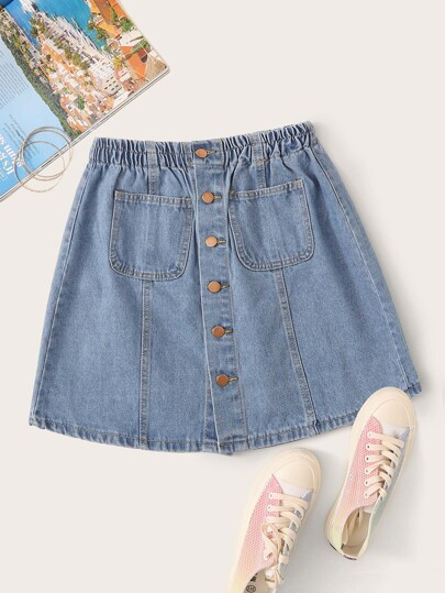 Button Front Dual Pocket Denim Skirt | SHEIN