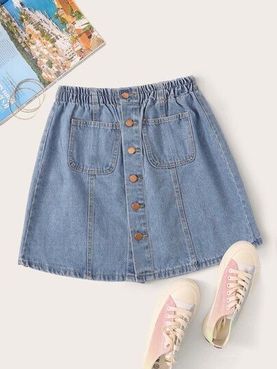 Button Front Dual Pocket Denim Skirt | SHEIN