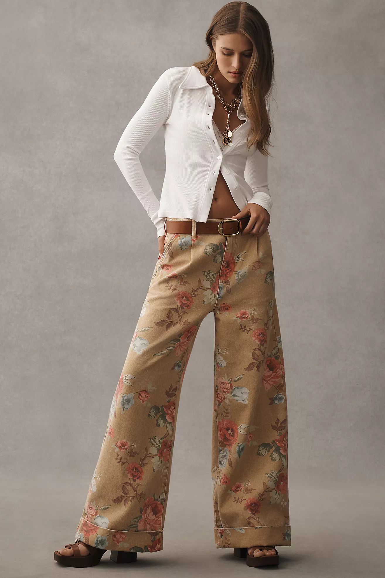 The Leon Double Hem High-Rise Wide-Leg Cuffed Jeans by Pilcro: Floral Edition | Anthropologie (US)