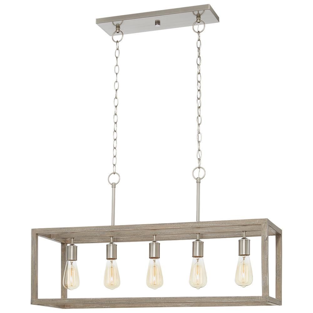 Boswell Quarter 5-Light Brushed Nickel Island Chandelier with Weathered Wood Accents | The Home Depot