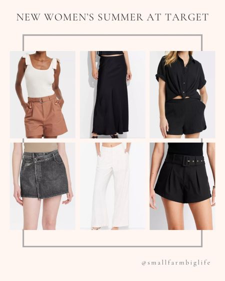 New women’s summer style at Target. Summer outfit. Slim fit rib knit tank top with tie shoulders. High rise belted tailored shorts. Black satin trumpet maxi skirt. White striped mid rise wide leg linen trousers. Black short sleeve collared twist front button down shirt. Black high rise pull on shorts. Black denim wrap skort. High rise belted shorts  

#LTKOver40 #LTKFindsUnder50 #LTKSeasonal