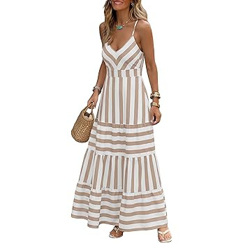 Caracilia Summer Maxi Dresses for Women Spaghetti Strap Back Smocked A Line V Neck Casual Long Dr... | Amazon (US)