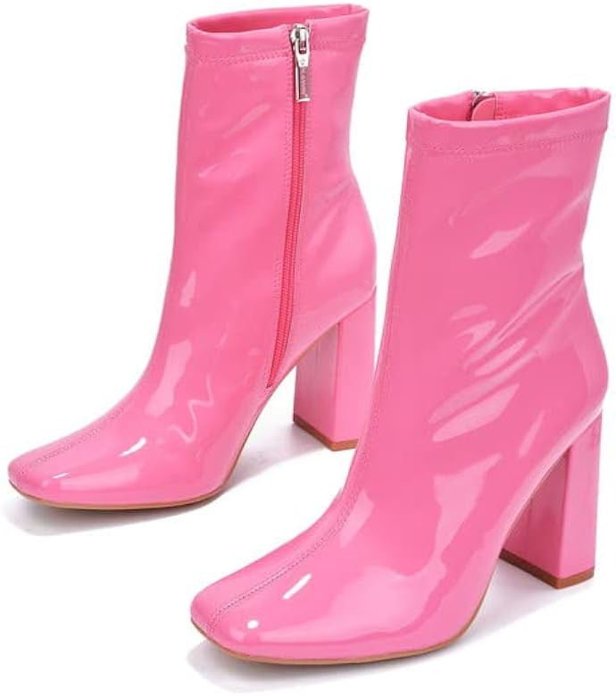 Women's Fashion Ankle Boots Square Toe Chunky Block High Heel Mid Calf Booties | Amazon (US)