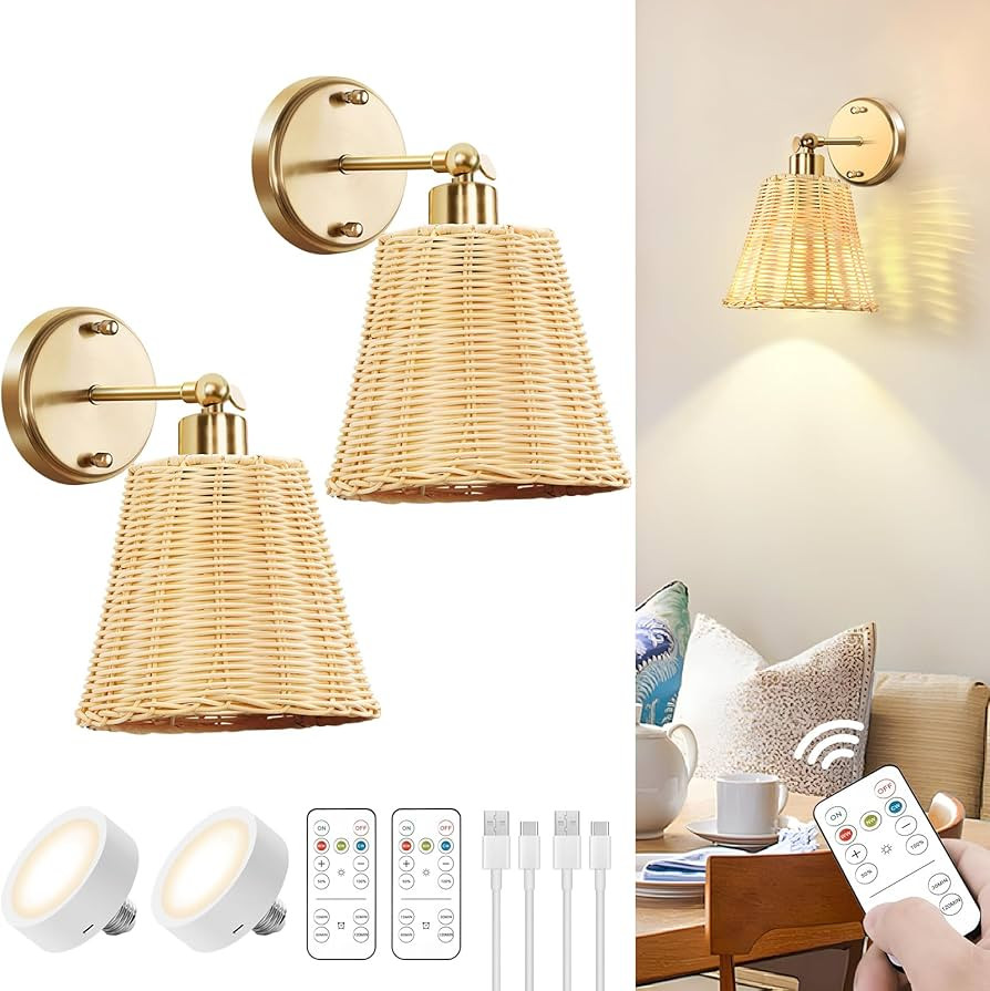 Frideko Rattan Rechargeable Battery Operated Wall Sconces Set of Two with Remote, 3 Colors Dimmab... | Amazon (US)