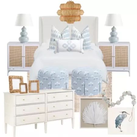 Bedroom - blue bedroom - white bedroom - neutral bedroom - white dresser - white nightstand - rattan chandelier - blue lamp - jute rug - beads - cane - rattan - coastal home decor - coastal furniture 

#LTKhome #LTKfindsunder100