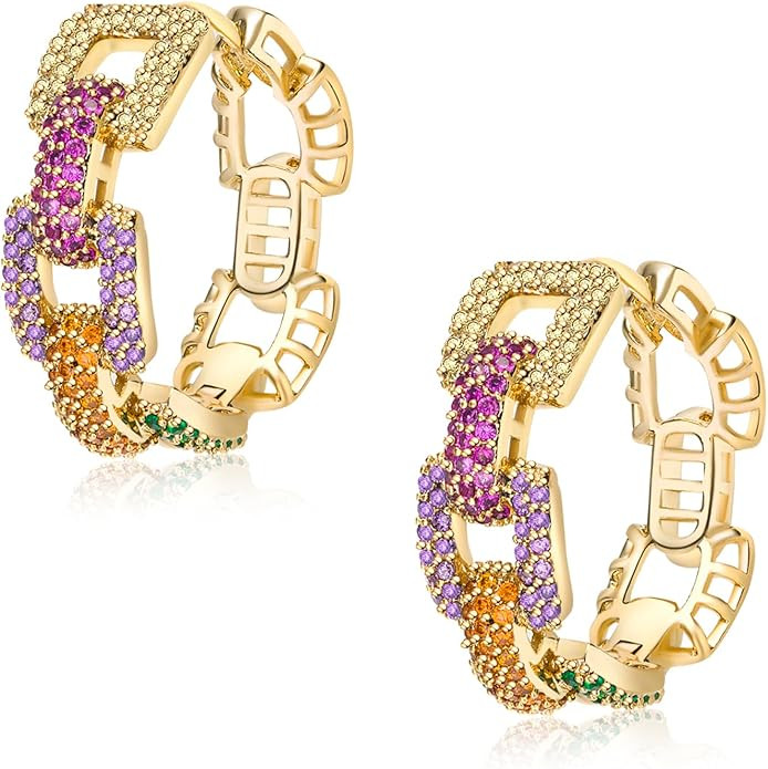 925 Sterling Silver Post Hoop Earrings for Women Multicolored Crystal Cubic Zirconia Chunky Silve... | Amazon (US)