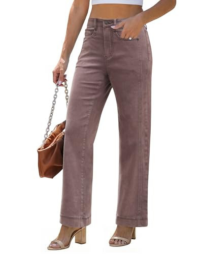 luvamia Wide Leg Jeans for Women Trendy High Waisted Double Side Seams Stretchy Denim Pants Trouser Jeans with Pockets Pecan Brown Size Large Fits US Size 12-14 | Amazon (US)