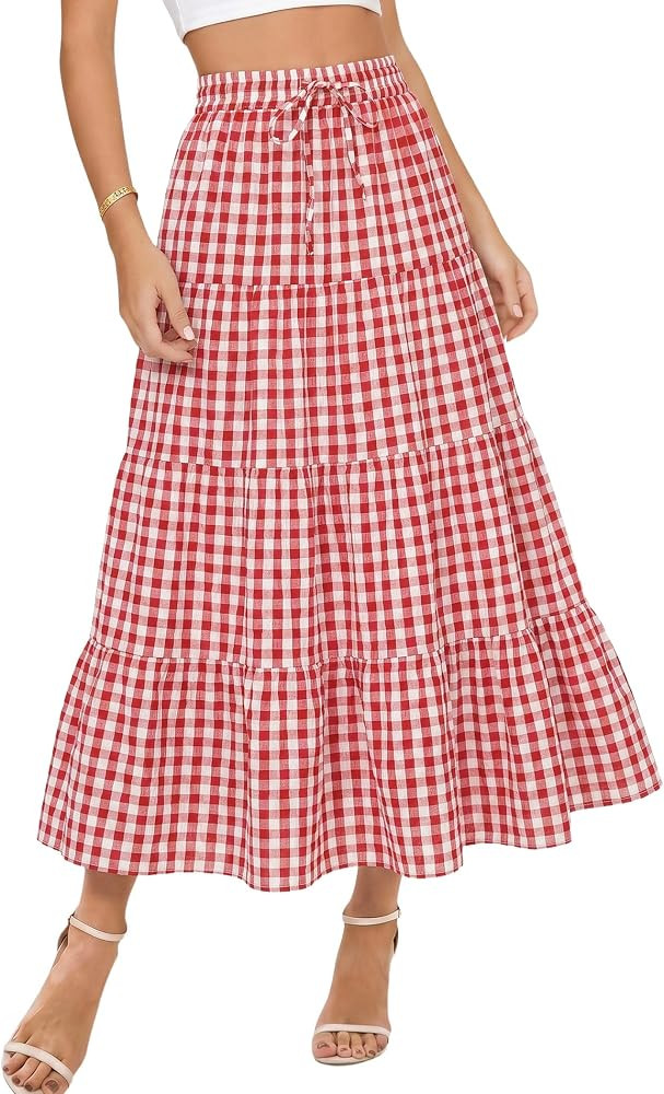 DERAX Womens Plaid Gingham Midi Skirt with Pockets High Waisted Long Skirt | Amazon (US)