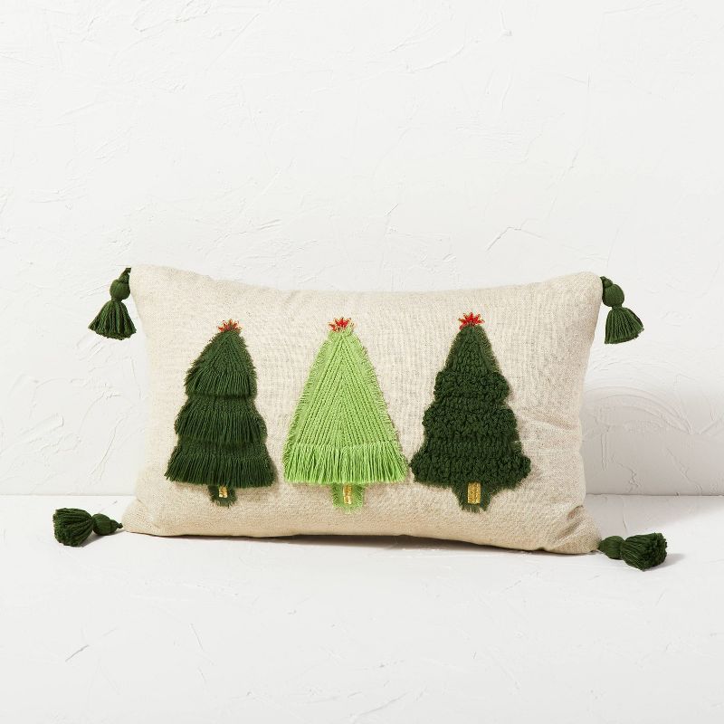 Christmas Tree Embroidered Lumbar Throw Pillow Neutral/Green - Opalhouse™ designed with Jungalo... | Target