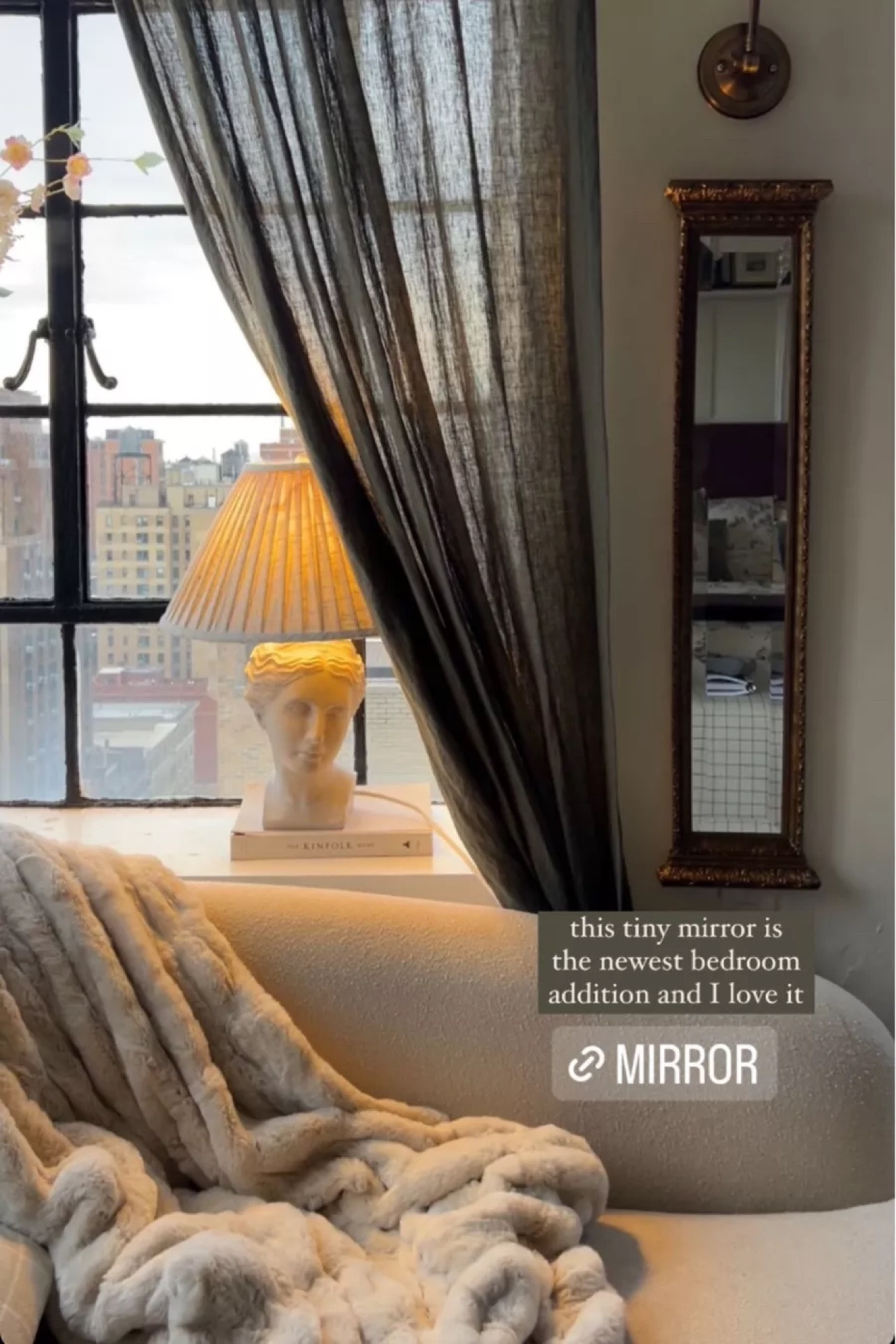 long skinny mirror in bedroom, lamp, curtains, chaise lounge and cozy throw blanket

#LTKhome
