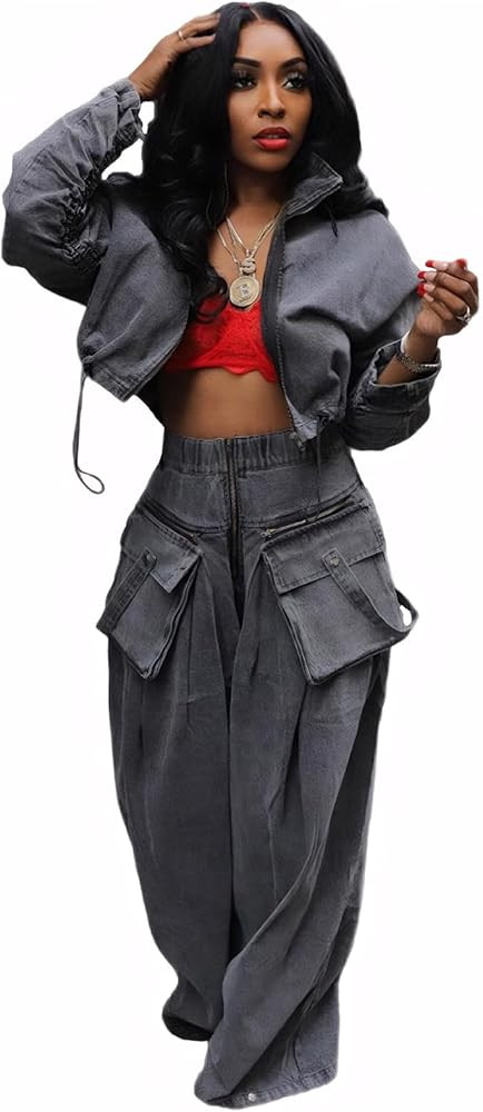 Angsuttc Womens Two Piece Sets Denim Outfit Ruched Long Sleeve Zip Up Cropped Jean Jacket Wide Le... | Amazon (US)