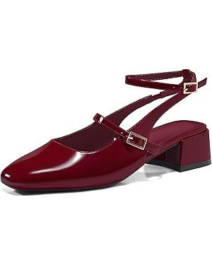 Coutgo Womens Mary Jane Chunky Low Heels Closed Square Toe Ankle Strap Pumps Wedding Party Dress ... | Amazon (US)