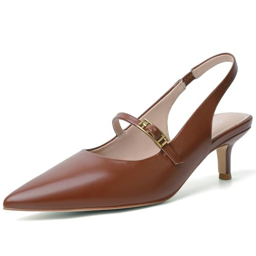 Mostrin Brown Kitten Heels for Women Slingback Pointed Closed Toe Heels Slip On Dress Pumps Shoes Low Women's Pumps for Dating Working Size 7 | Amazon (US)