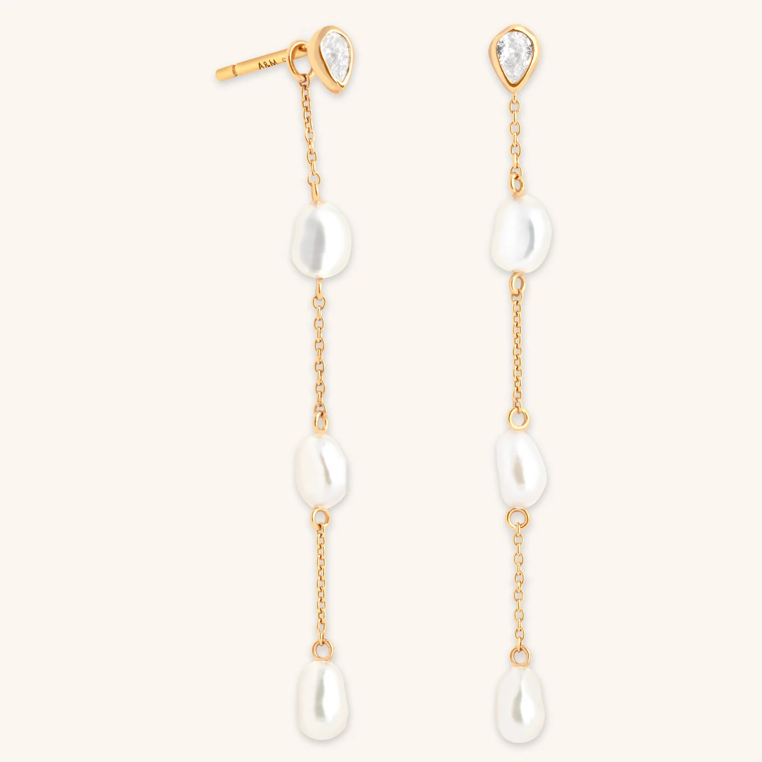 Pearl Chain Drop Studs in Gold | Astrid & Miyu UK